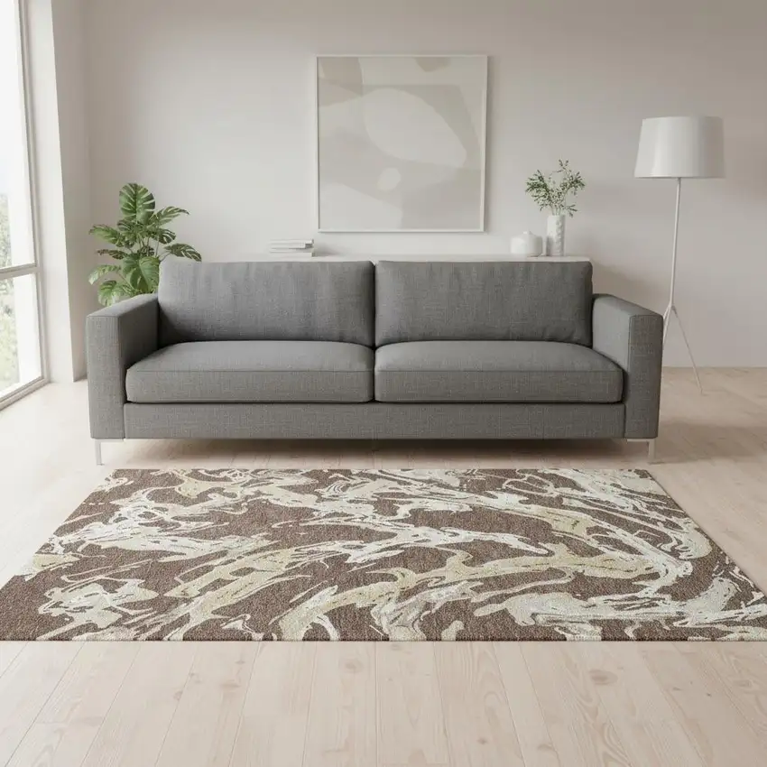 Brown Ivory And Gold Abstract Washable Area Rug With UV Protection Photo 2