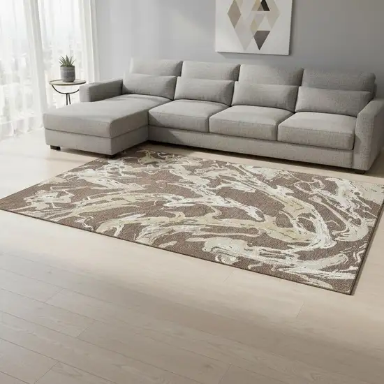 Brown Ivory And Gold Abstract Washable Area Rug With UV Protection Photo 2