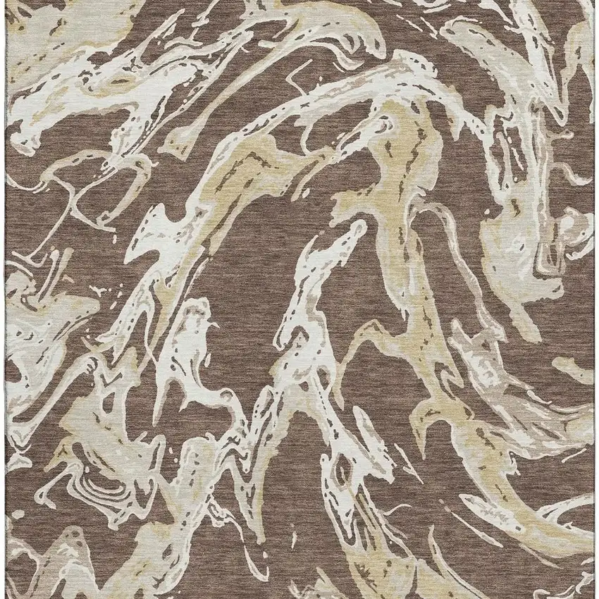Brown Ivory And Gold Abstract Washable Area Rug With UV Protection Photo 2