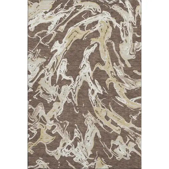 Brown Ivory And Gold Abstract Washable Area Rug With UV Protection Photo 1