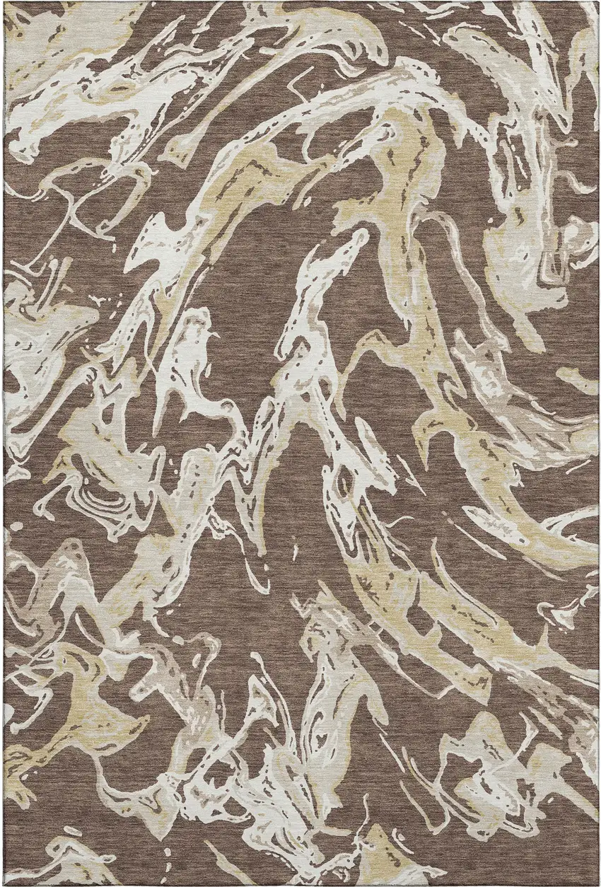 Brown Ivory And Gold Abstract Washable Area Rug With UV Protection Photo 1
