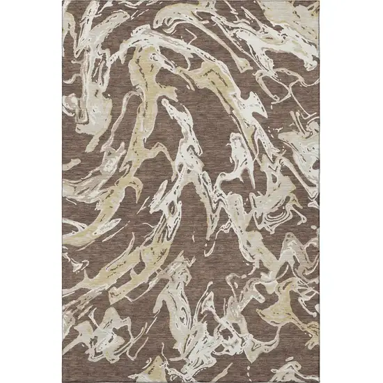 Brown Ivory And Gold Abstract Washable Area Rug With UV Protection Photo 3
