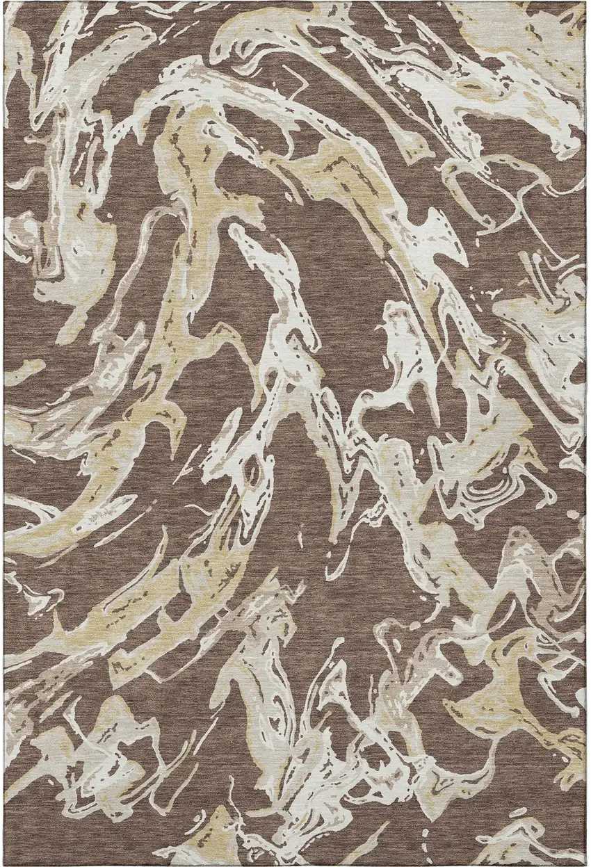 Brown Ivory And Gold Abstract Washable Area Rug With UV Protection Photo 3