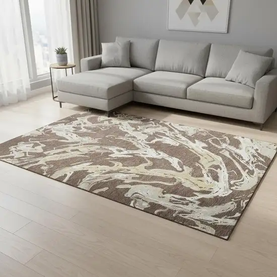 Brown Ivory And Gold Abstract Washable Area Rug With UV Protection Photo 2