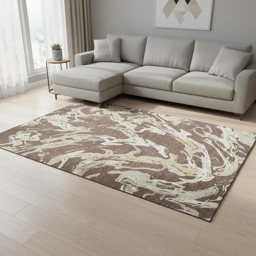 Brown Ivory And Gold Abstract Washable Area Rug With UV Protection Photo 2
