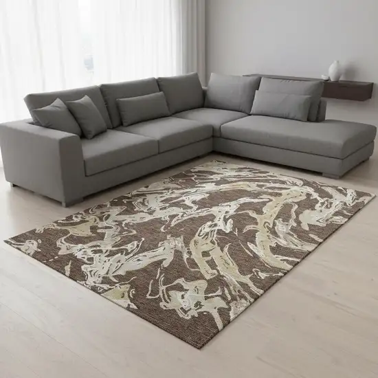 Brown Ivory And Gold Abstract Washable Area Rug With UV Protection Photo 2