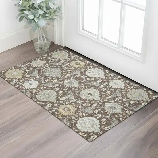 Brown Ivory And Gold Damask Washable Area Rug With UV Protection Photo 2