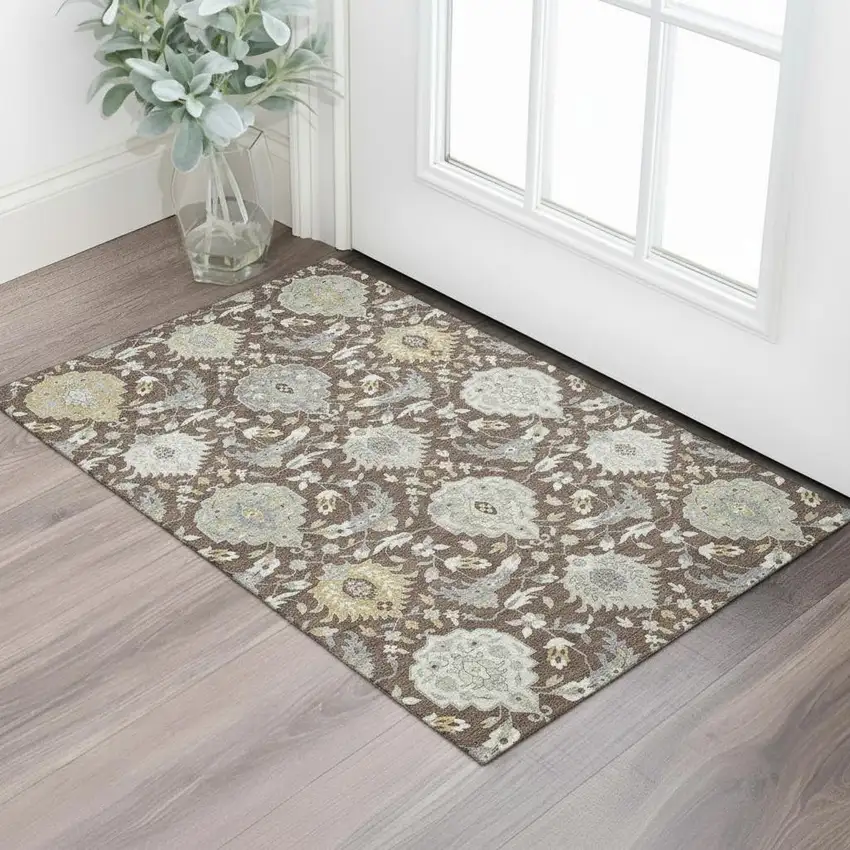 Brown Ivory And Gold Damask Washable Area Rug With UV Protection Photo 2