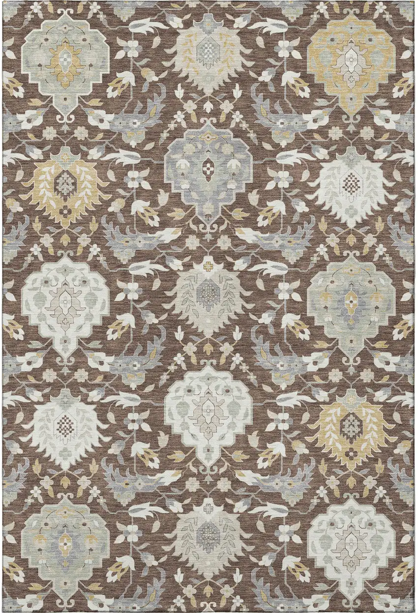 Brown Ivory And Gold Damask Washable Area Rug With UV Protection Photo 2