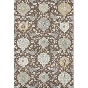 Photo of Brown Ivory And Gold Damask Washable Area Rug With UV Protection