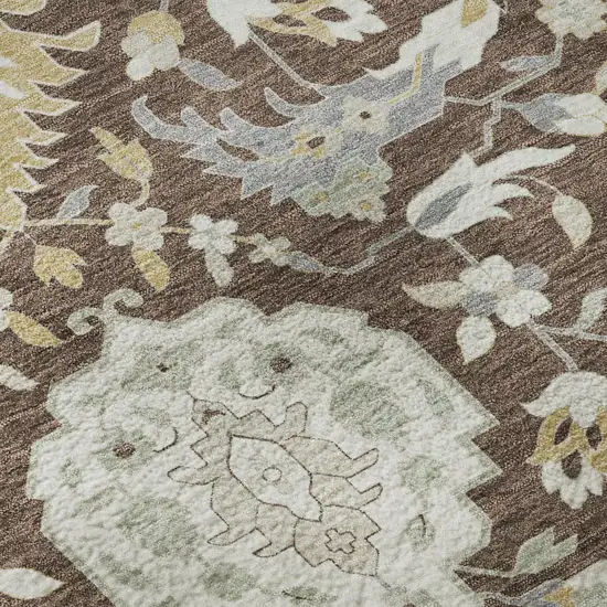 Brown Ivory And Gold Damask Washable Area Rug With UV Protection Photo 8