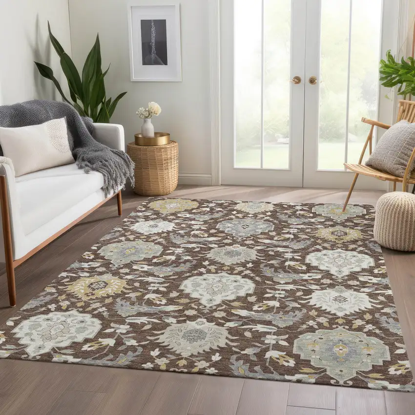 Brown Ivory And Gold Damask Washable Area Rug With UV Protection Photo 4