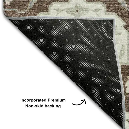 Brown Ivory And Gold Damask Washable Area Rug With UV Protection Photo 5