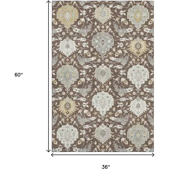 Brown Ivory And Gold Damask Washable Area Rug With UV Protection Photo 9