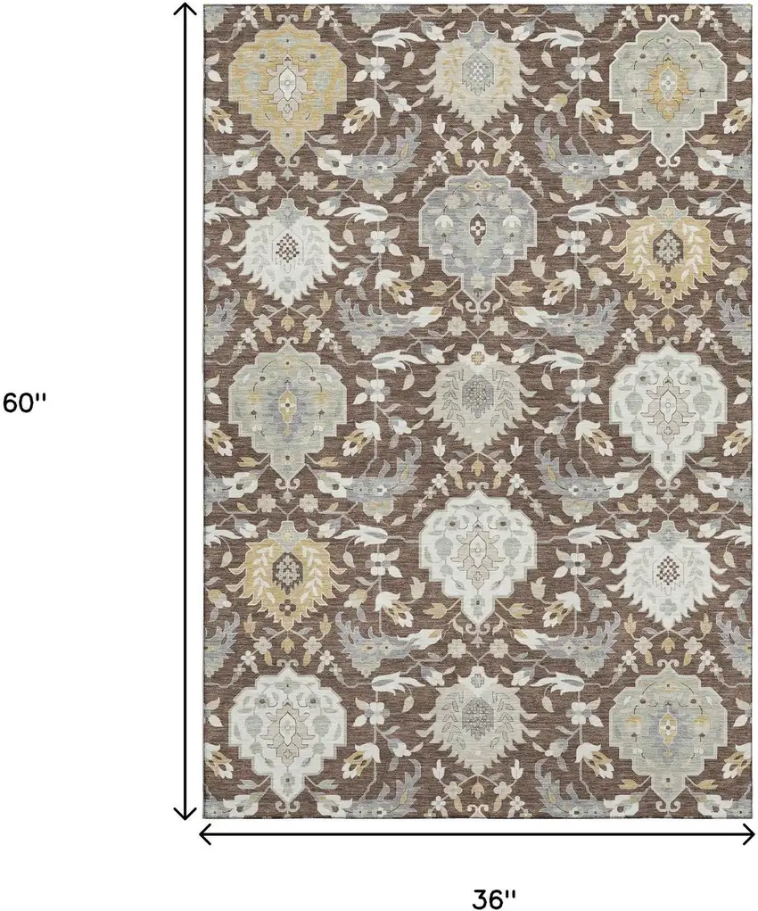 Brown Ivory And Gold Damask Washable Area Rug With UV Protection Photo 9