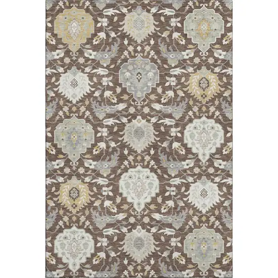 Brown Ivory And Gold Damask Washable Area Rug With UV Protection Photo 1