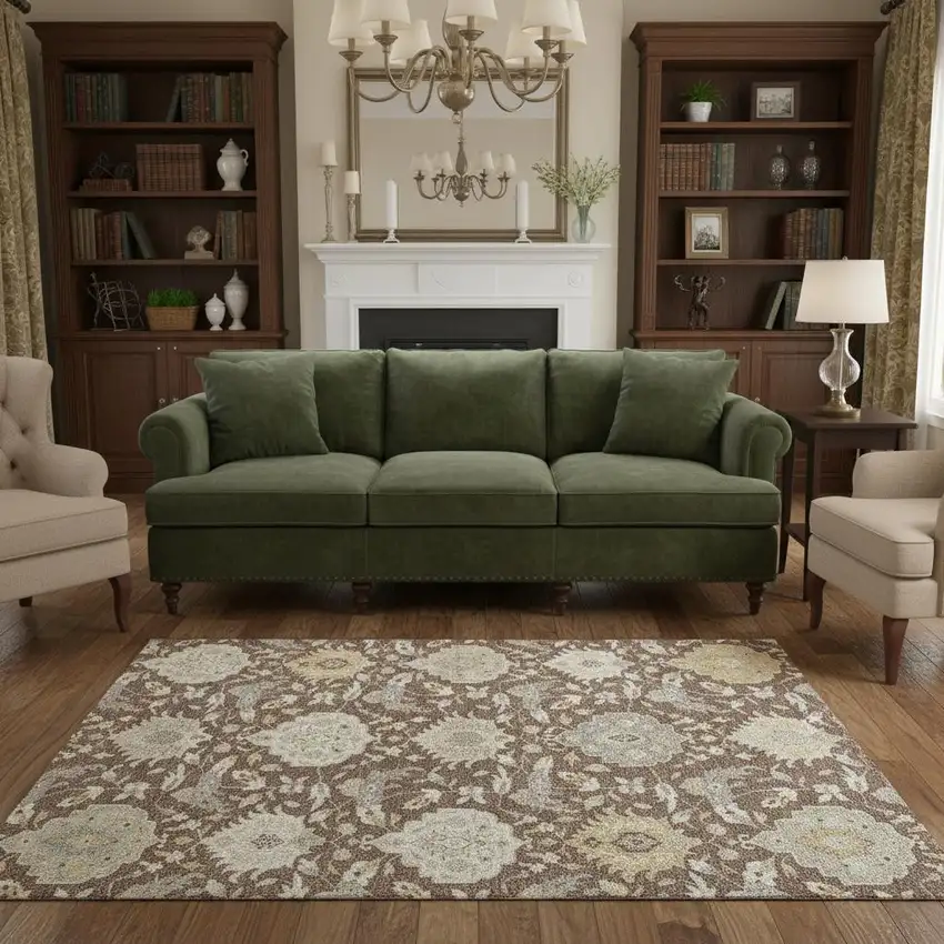 Brown Ivory And Gold Damask Washable Area Rug With UV Protection Photo 2