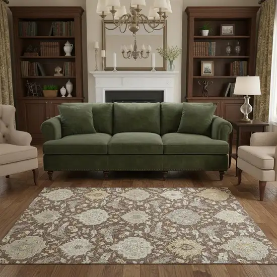 Brown Ivory And Gold Damask Washable Area Rug With UV Protection Photo 2