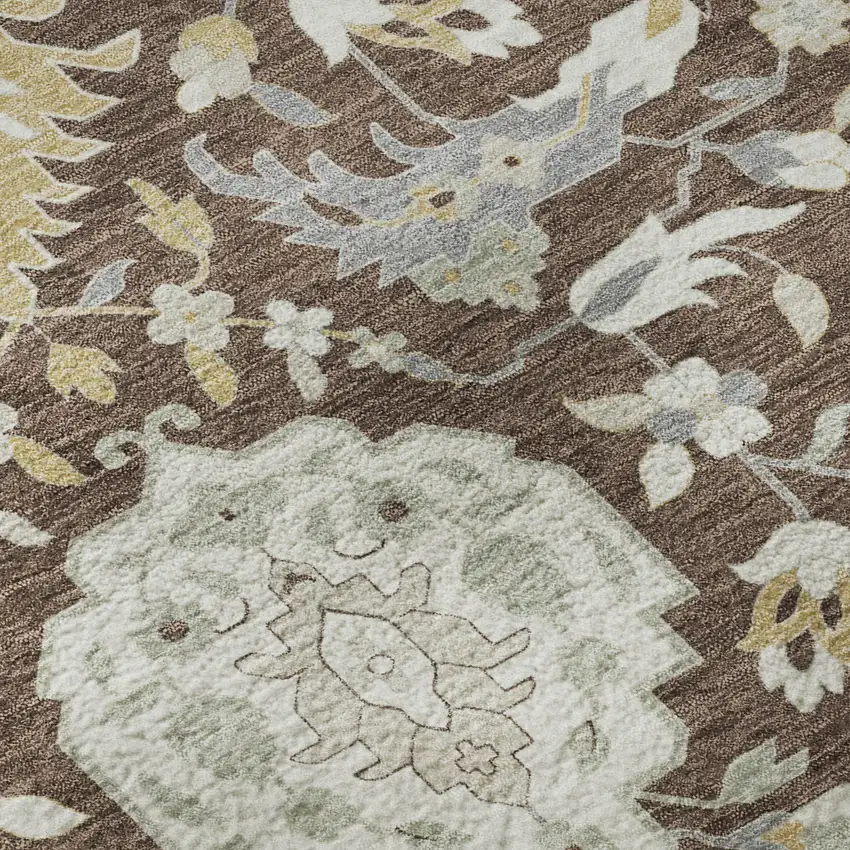 Brown Ivory And Gold Damask Washable Area Rug With UV Protection Photo 9