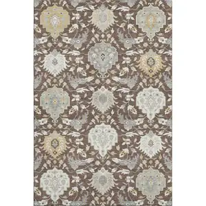 Photo of Brown Ivory And Gold Damask Washable Area Rug With UV Protection