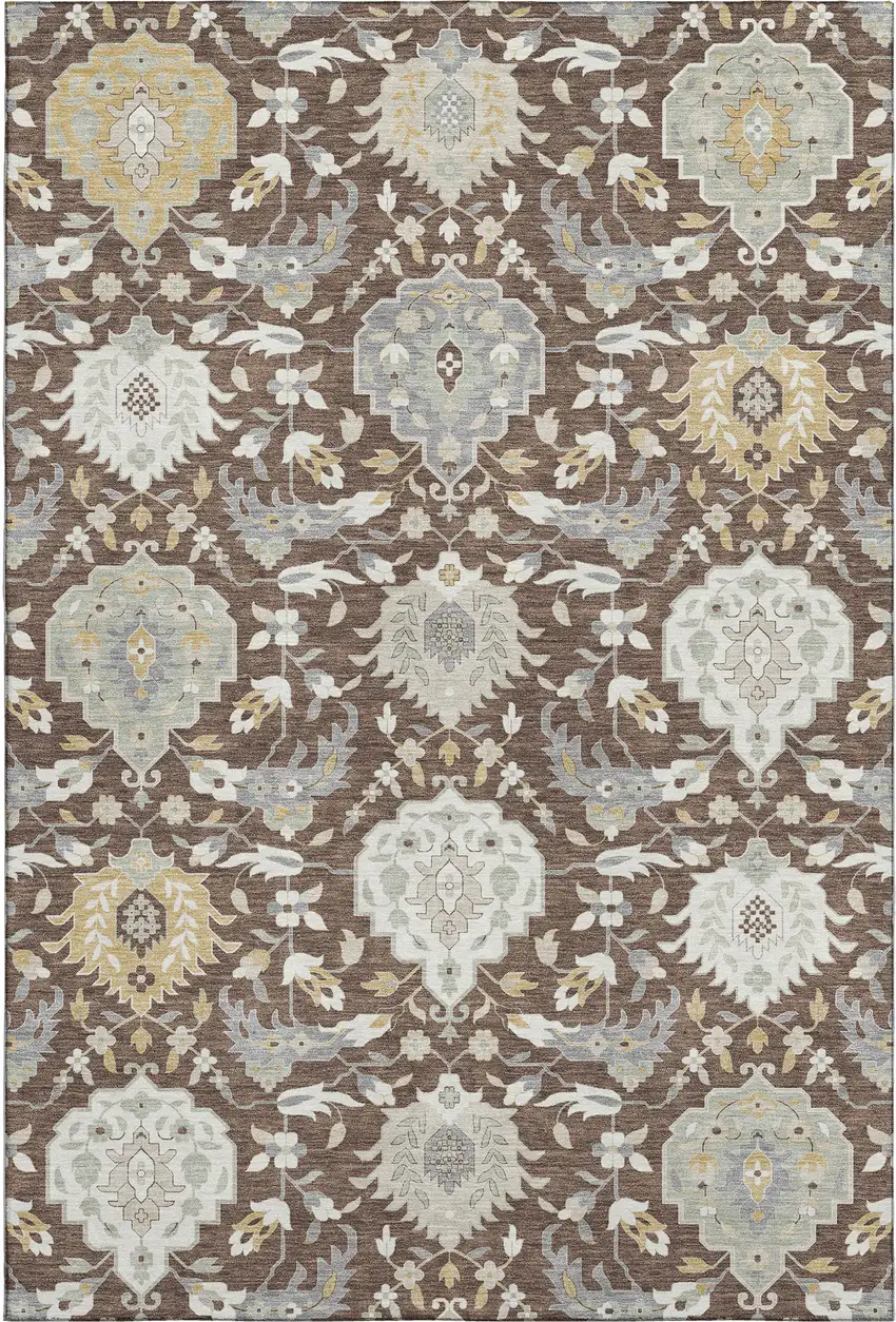 Brown Ivory And Gold Damask Washable Area Rug With UV Protection Photo 1