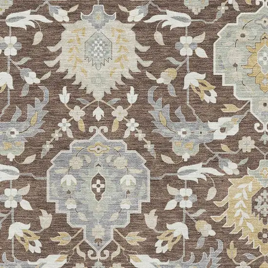 Brown Ivory And Gold Damask Washable Area Rug With UV Protection Photo 2
