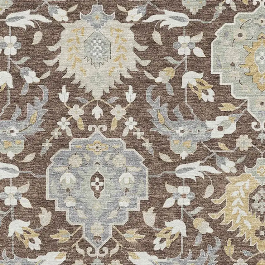 Brown Ivory And Gold Damask Washable Area Rug With UV Protection Photo 2