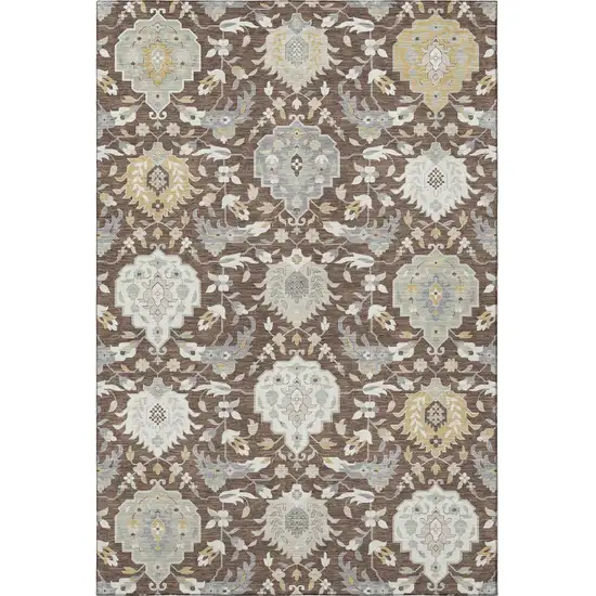 Brown Ivory And Gold Damask Washable Area Rug With UV Protection Photo 3