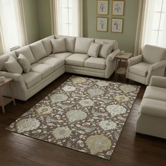 Brown Ivory And Gold Damask Washable Area Rug With UV Protection Photo 2