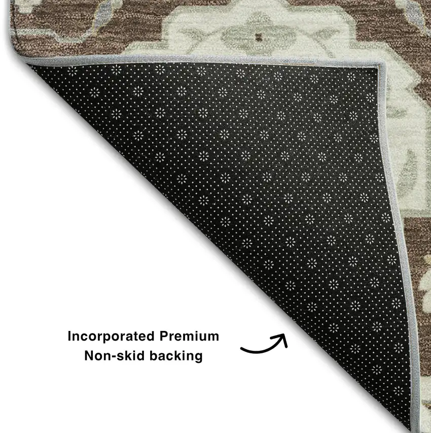 Brown Ivory And Gold Damask Washable Area Rug With UV Protection Photo 6