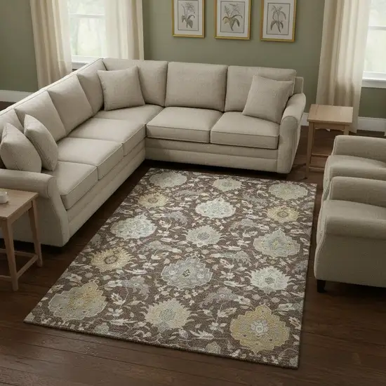 Brown Ivory And Gold Damask Washable Area Rug With UV Protection Photo 2