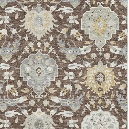 Brown Ivory And Gold Damask Washable Area Rug With UV Protection Photo 3