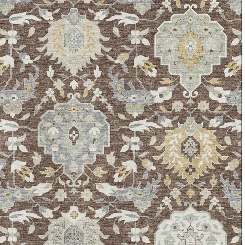 Brown Ivory And Gold Damask Washable Area Rug With UV Protection Photo 3