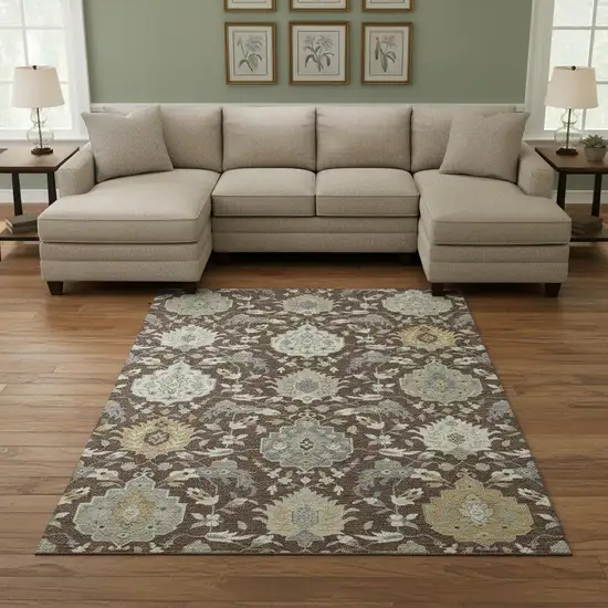 Brown Ivory And Gold Damask Washable Area Rug With UV Protection Photo 2