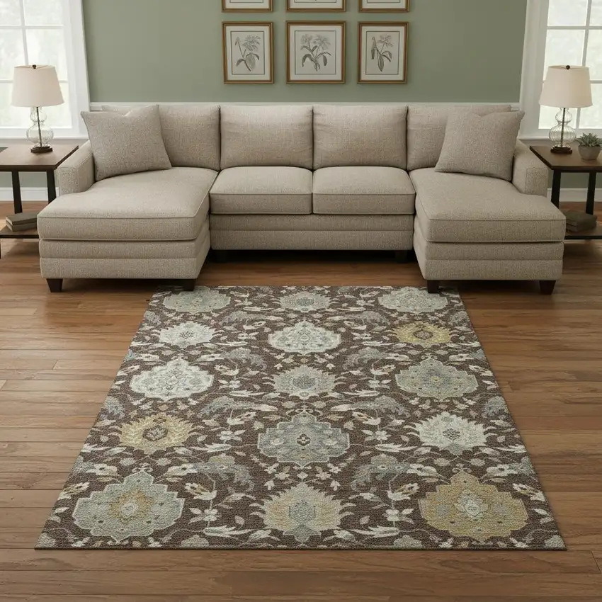 Brown Ivory And Gold Damask Washable Area Rug With UV Protection Photo 2