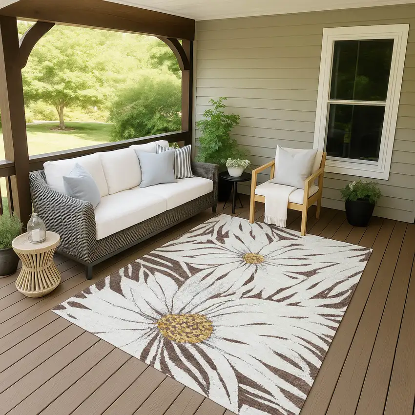 Brown Ivory And Gold Floral Washable Indoor Outdoor Area Rug Photo 6