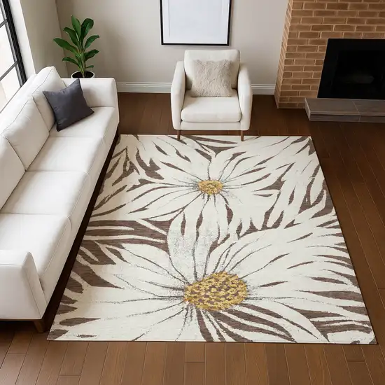 Brown Ivory And Gold Floral Washable Indoor Outdoor Area Rug Photo 7