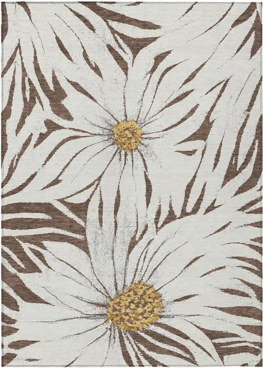 Brown Ivory And Gold Floral Washable Indoor Outdoor Area Rug Photo 2