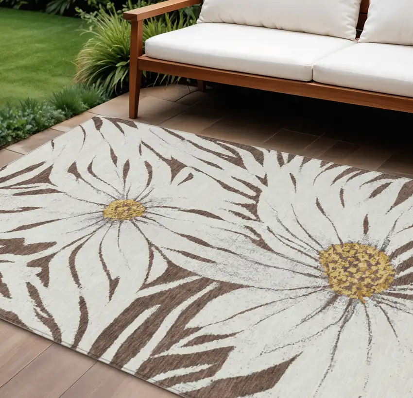 Brown Ivory And Gold Floral Washable Indoor Outdoor Area Rug Photo 1