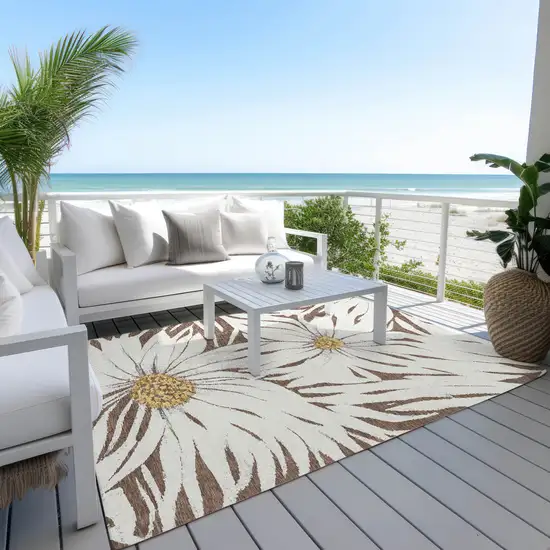 Brown Ivory And Gold Floral Washable Indoor Outdoor Area Rug Photo 9