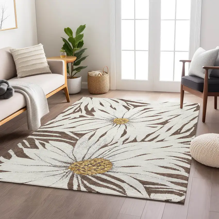 Brown Ivory And Gold Floral Washable Indoor Outdoor Area Rug Photo 9
