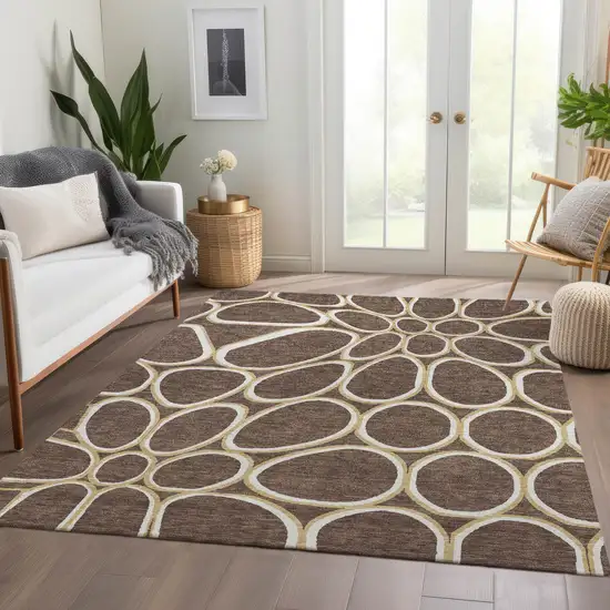 Brown Ivory And Gold Geometric Washable Area Rug With UV Protection Photo 5