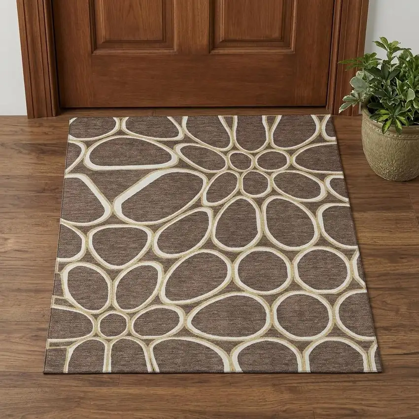 Brown Ivory And Gold Geometric Washable Area Rug With UV Protection Photo 1