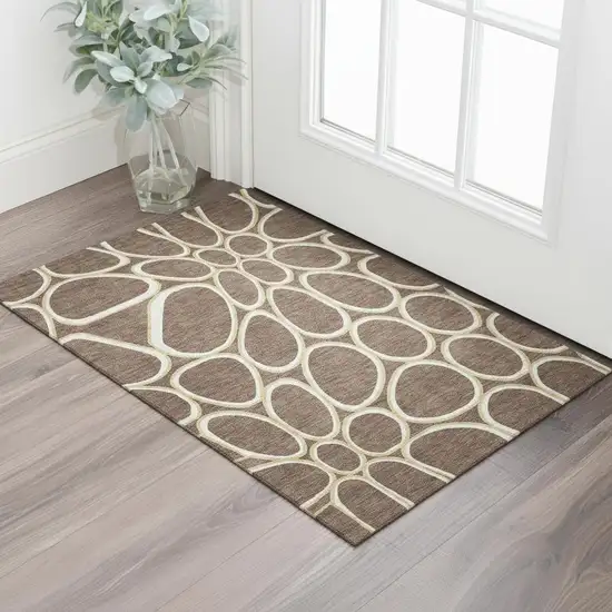 Brown Ivory And Gold Geometric Washable Area Rug With UV Protection Photo 1