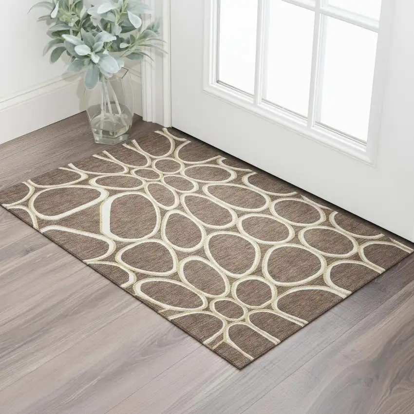Brown Ivory And Gold Geometric Washable Area Rug With UV Protection Photo 1