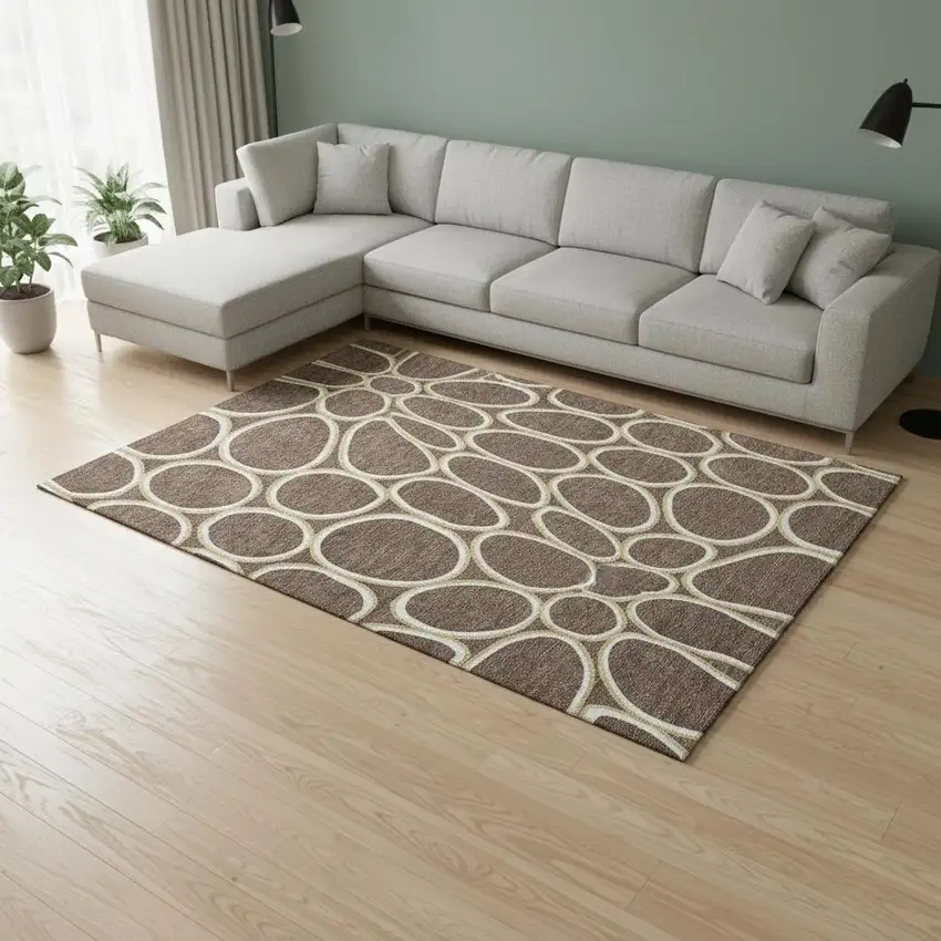 Brown Ivory And Gold Geometric Washable Area Rug With UV Protection Photo 2