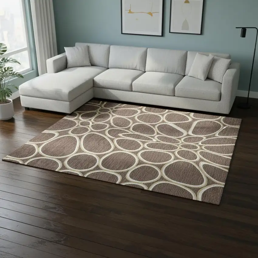 Brown Ivory And Gold Geometric Washable Area Rug With UV Protection Photo 1