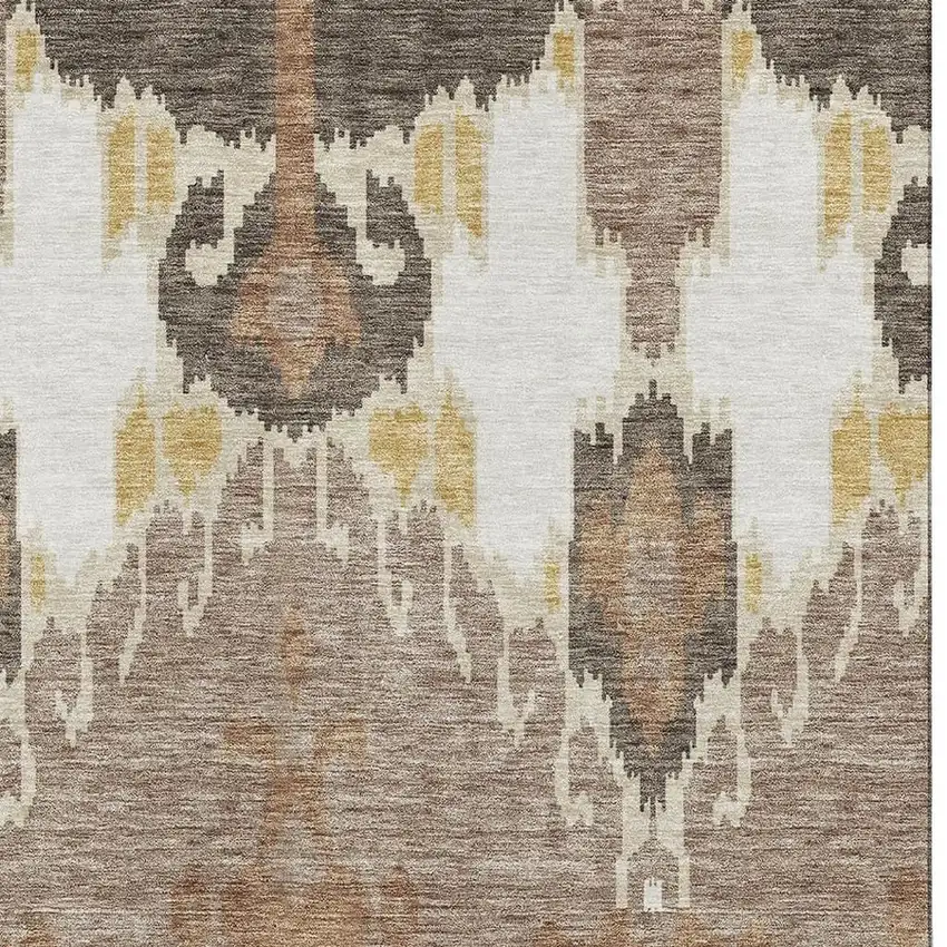 Brown Ivory And Gold Ikat Washable Area Rug With UV Protection Photo 3