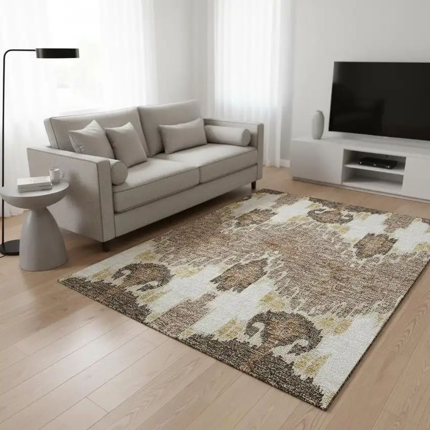 Brown Ivory And Gold Ikat Washable Area Rug With UV Protection Photo 2