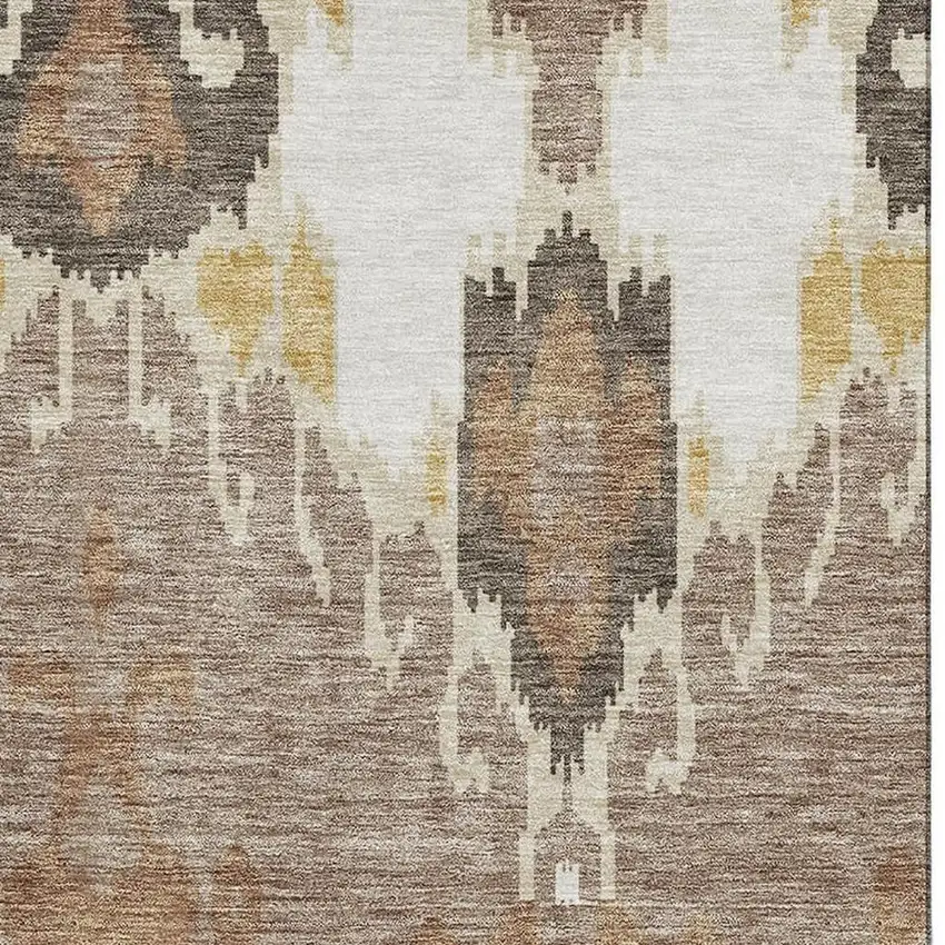 Brown Ivory And Gold Ikat Washable Area Rug With UV Protection Photo 3